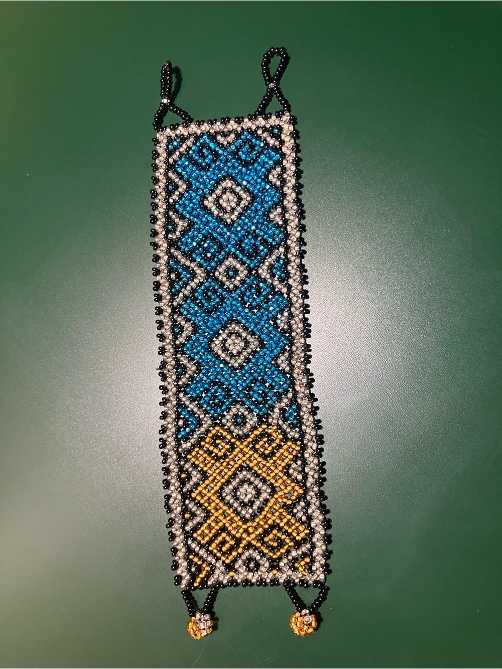 Handmade Beaded Bracelet - Blue, Yellow & Black Geometric